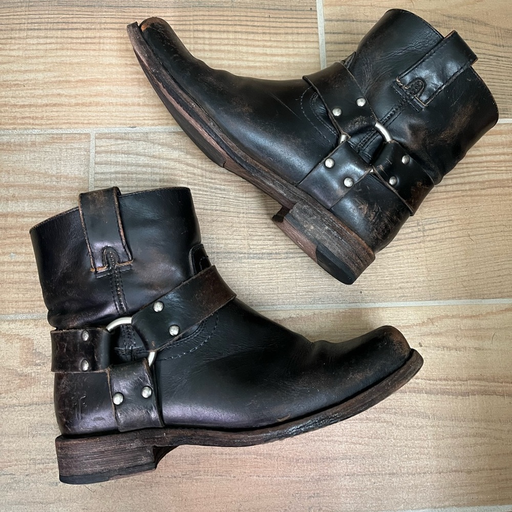 Frye Harness Ankle Boots - distressed black